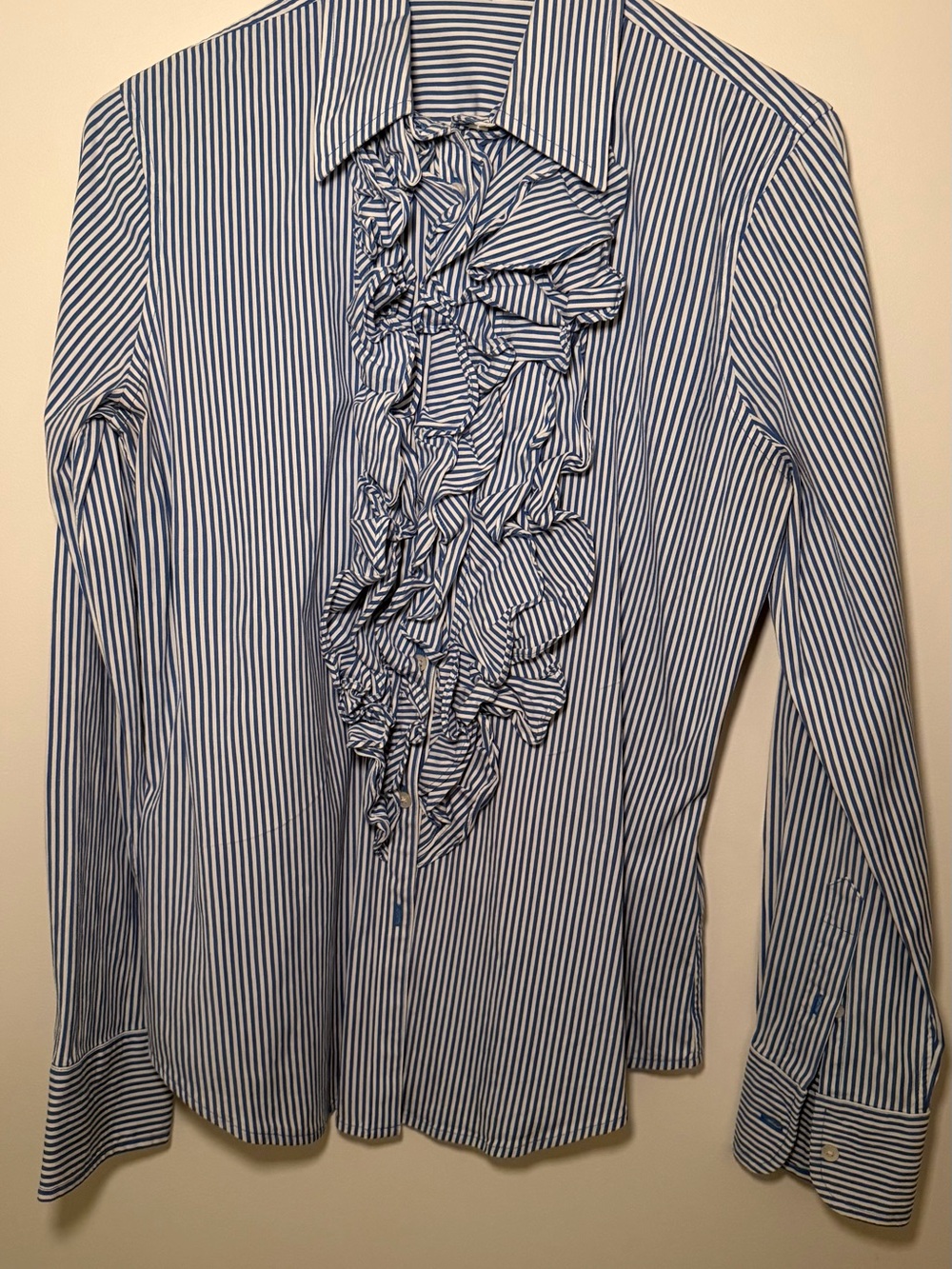 Lauren Ralph Lauren Blue and White Striped Ruffle-Front Dress Shirt